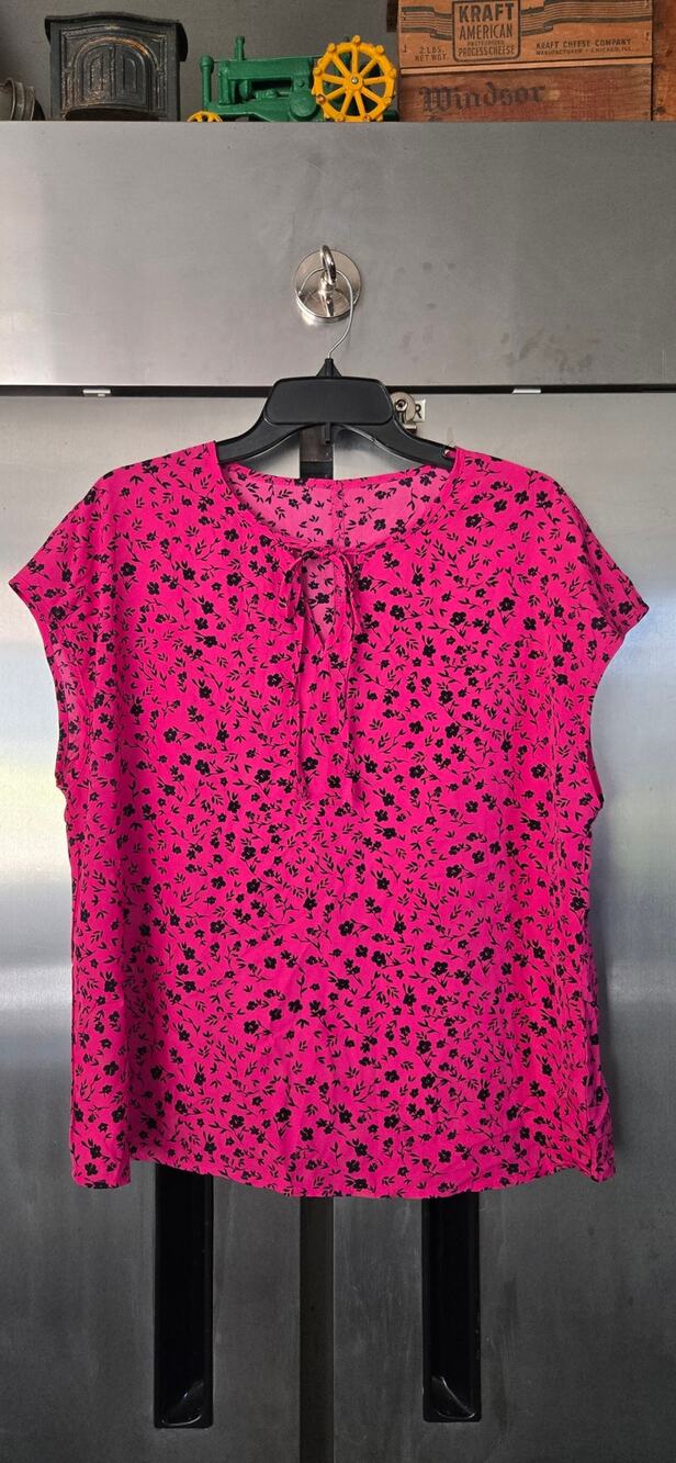 JBL Women's Pink Black Floral Print Tie Neck Top Size XL